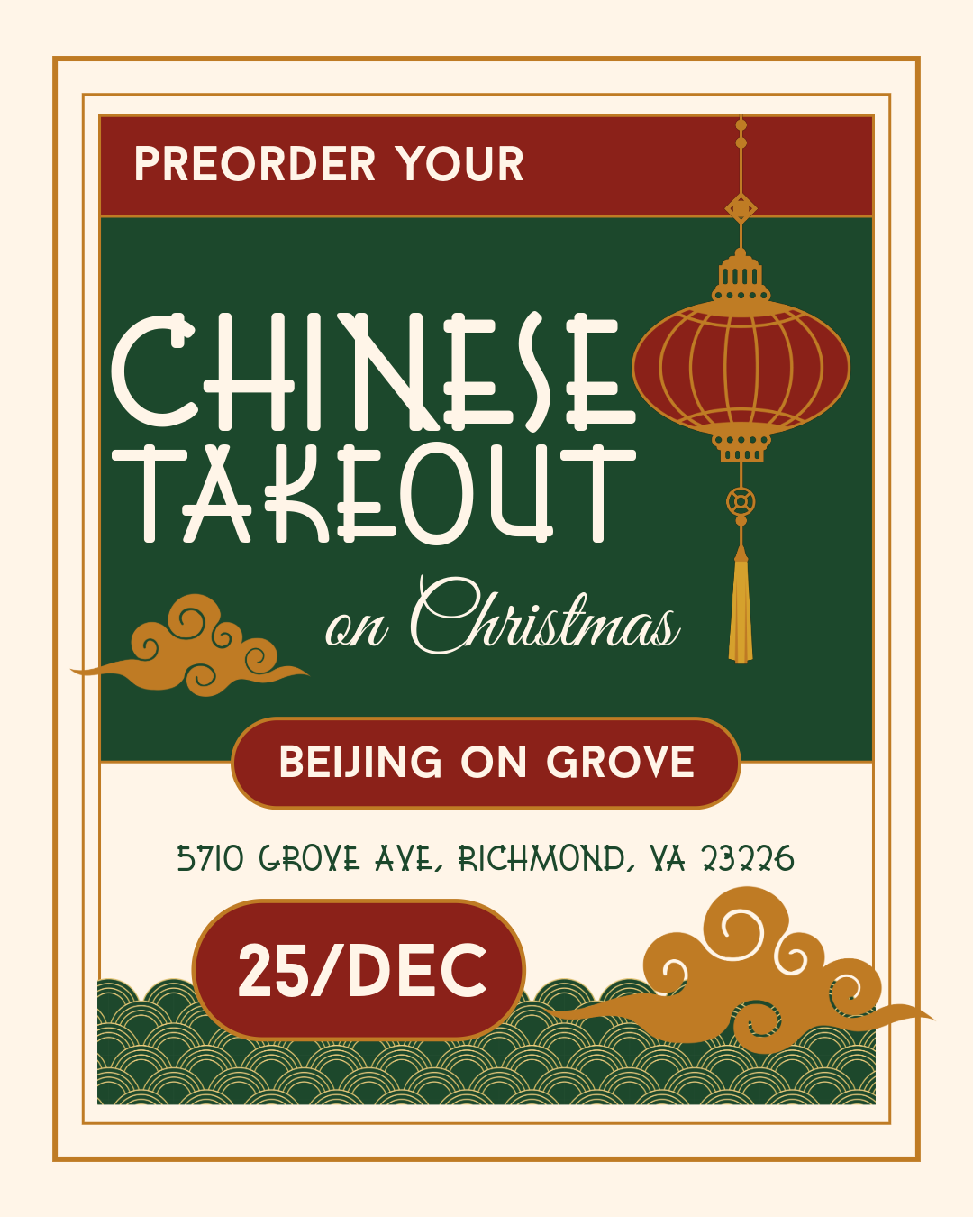 Christmas Take out at Beijing on Grove Richmond, VA